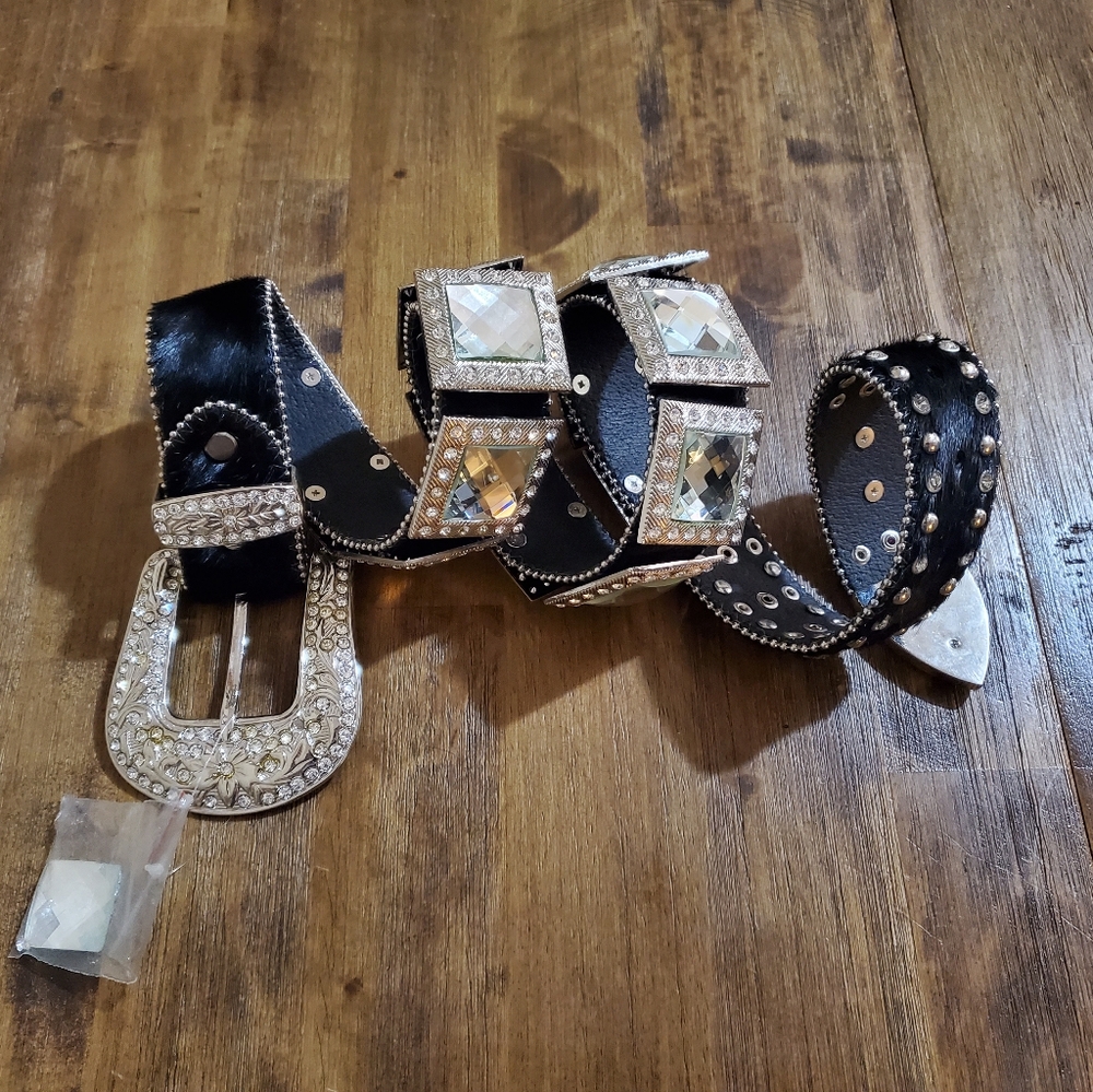 New Women's Atlas Western Cowgirl Black Leather Belt - Silver Bling Rhinestone